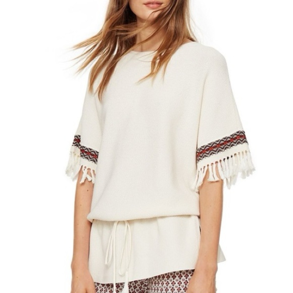 Tory Burch 100% Cotton Cream Fringe Drawstring Sweater Boho Medium GUC